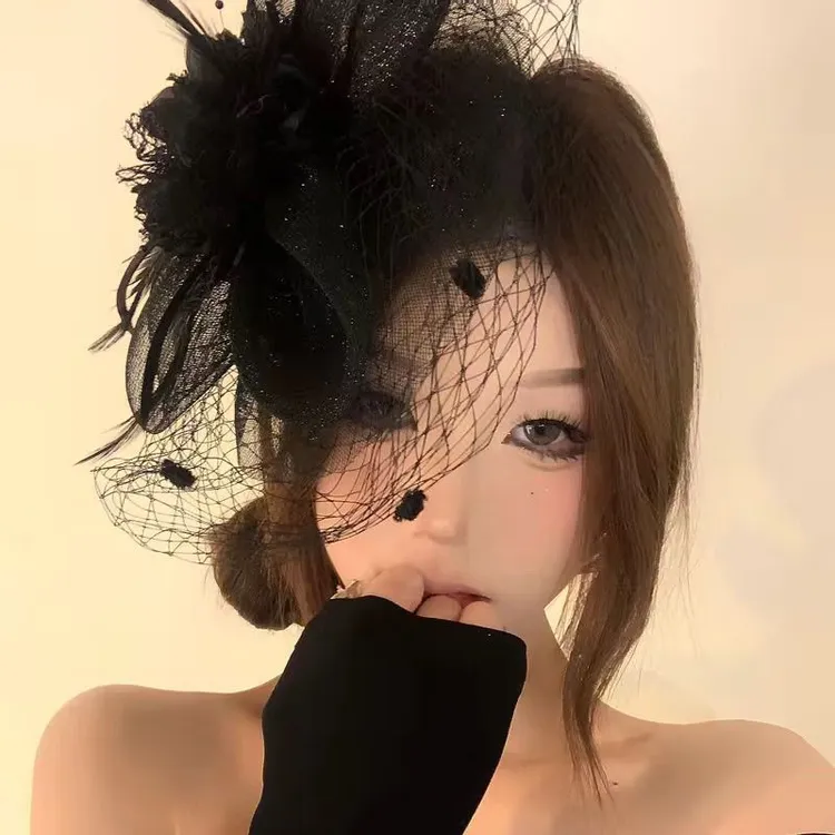 女神降临~复古名媛网纱花朵小礼帽时尚演出年会派对头花发饰面纱