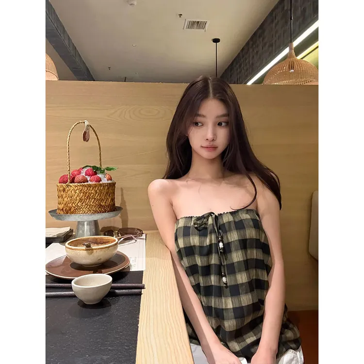 2025秋季新款构格简律格纹抹胸背心女串珠抽绳上衣阔腿休闲裤套装