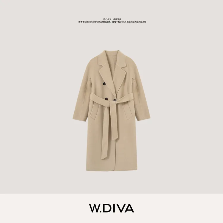 W.Diva【白骆驼】ROW风极简经典双排扣骆驼绒长款翻领大衣54C163213