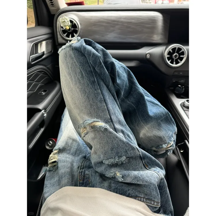 蓝色闪电纹破洞牛仔裤男款美式高街vibe裤子cleanfit直筒微喇长裤