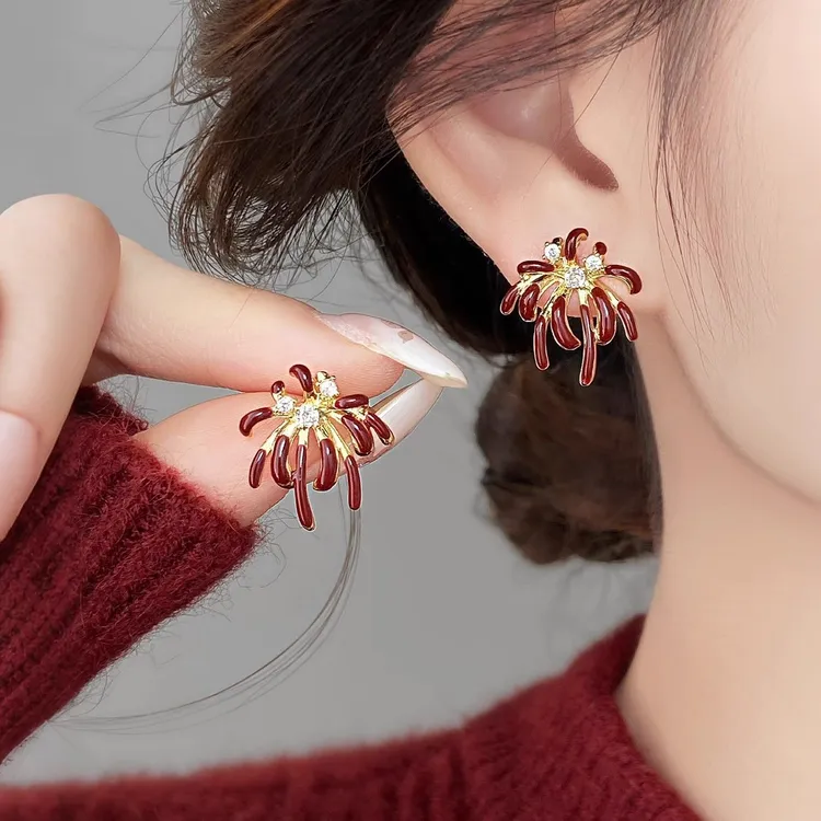 小众独特新年红色烟花耳环2026新款高级感轻奢气质秋冬百搭耳钉女