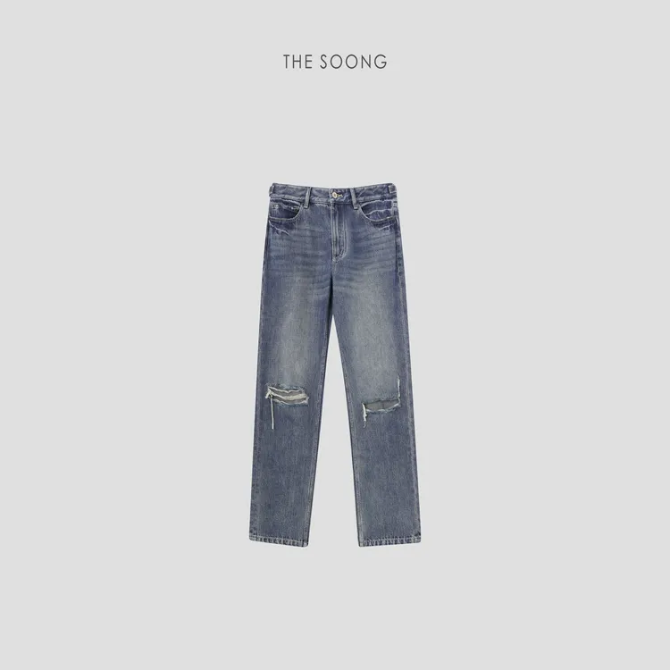 THESOONG|早秋新款水洗做旧膝盖下破洞中腰直筒牛仔裤HBNZ7277