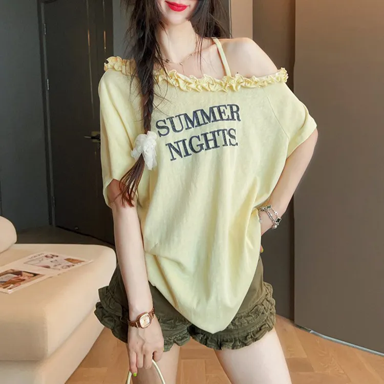 木耳边斜领字母印花拼接短袖t恤女夏季新款宽松显瘦加宽加大女装