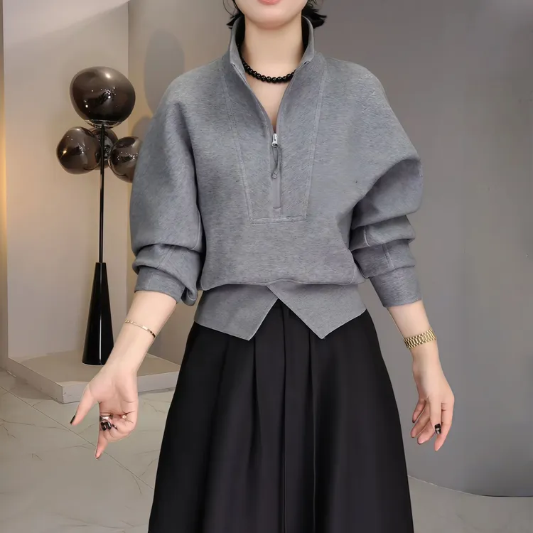 秋季气质宽松半开链立领长袖卫衣外套女2025休闲百搭三角螺纹上衣