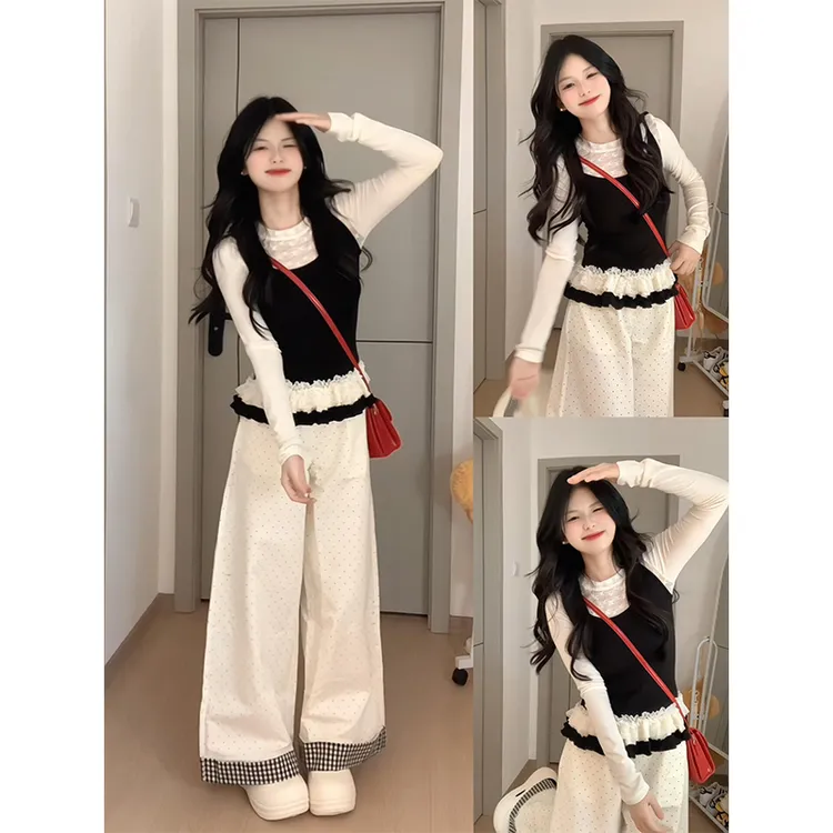 MARIE.COCO秋季新款设计感假两件T恤上衣女格纹拼接休闲裤套装