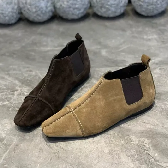 欧洲站平跟尖头时装单鞋高帮鞋真皮平底方头英伦风切尔西靴女短靴