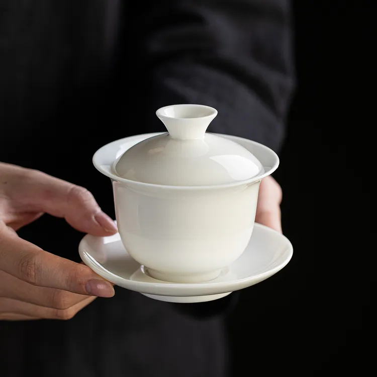 羊脂玉瓷悬停三才盖碗功夫茶具德化高端白瓷不烫手家用泡茶碗大号