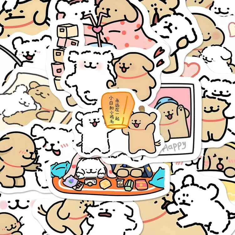 线条小狗合照贴纸可爱情侣甜蜜狗狗卡通日常周边贴画DIY手机平板