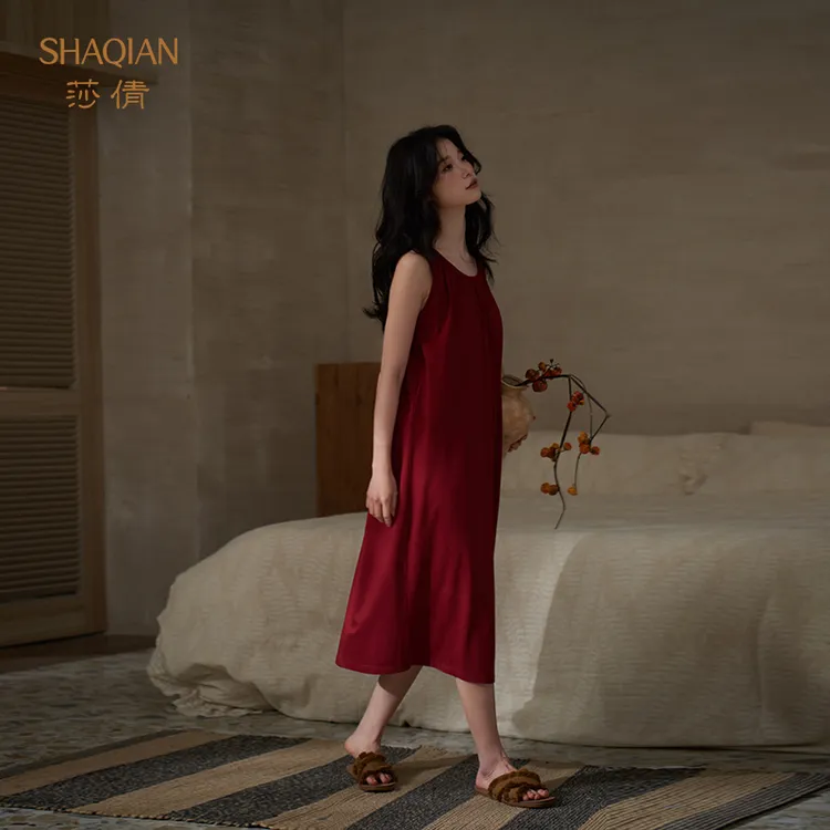 莎倩背心睡裙女夏季莫代尔棉带胸垫红色新婚本命年凉感睡衣家居服
