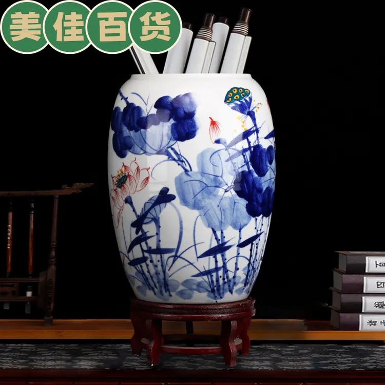 陶瓷书画收纳缸卷轴缸客厅书房手绘字画桶落地箭筒插花瓶大