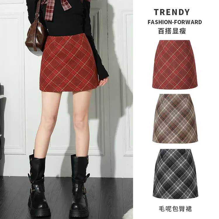 乡美媚红色复古毛呢格子百褶裙灰色短裙秋冬女高腰半身裙包臀