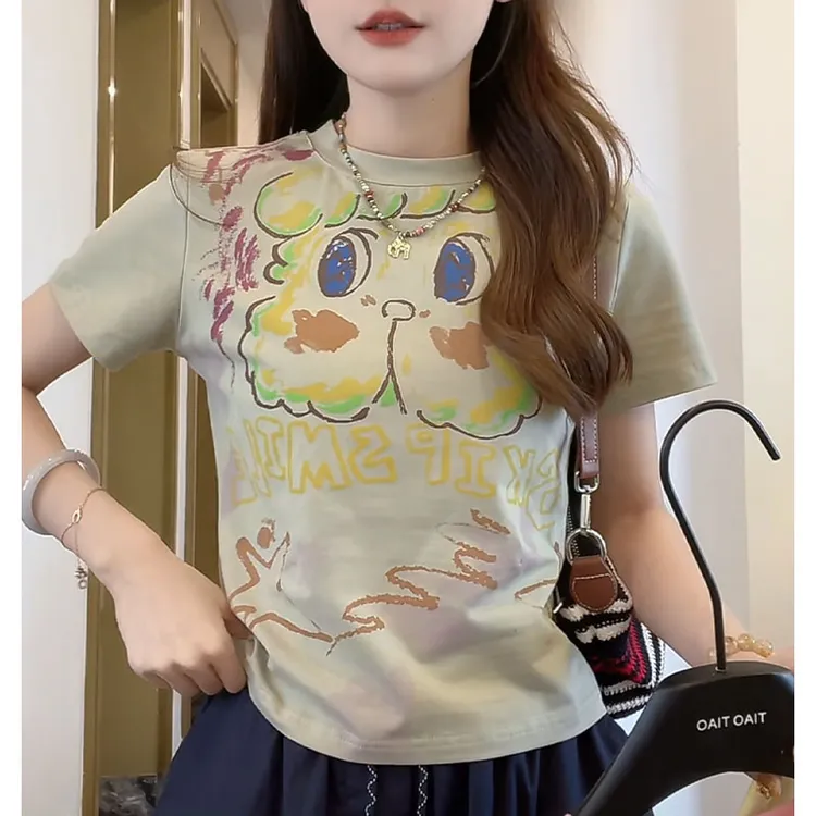 时尚洋气卡通印花圆领短袖T恤女夏季新款设计感小众休闲百搭上衣