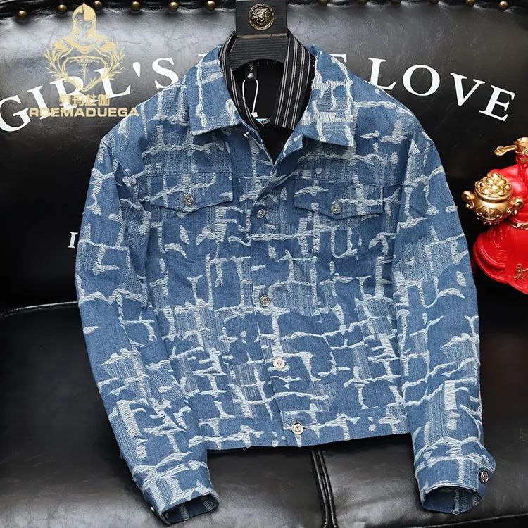 劳玛杜伽时尚牛仔夹克衫男士潮流猫须破洞翻领外套春秋季百搭上衣