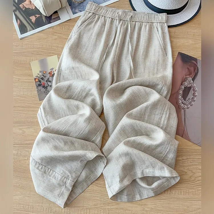 高级感抗皱天丝亚麻直筒裤女士夏季2025新款高腰垂感小个子阔腿裤