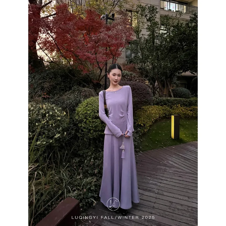 鹭青一原创【懒骨】双面绒针织衫女简约亲肤半身裙套装L25G7664BA