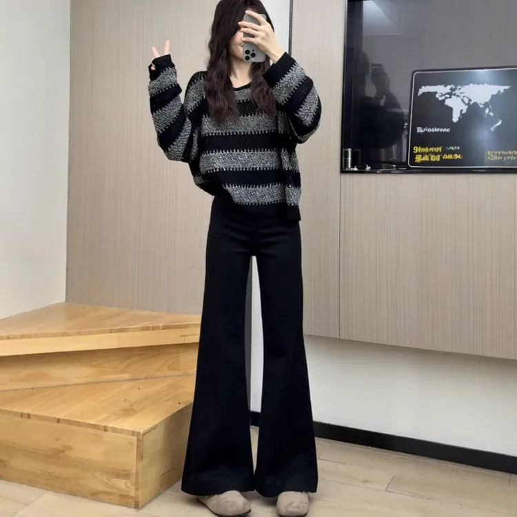 【曼丽】复古蓝秋季新款牛仔裤百搭宽松弹力垂感高腰阔腿喇叭裤时尚
