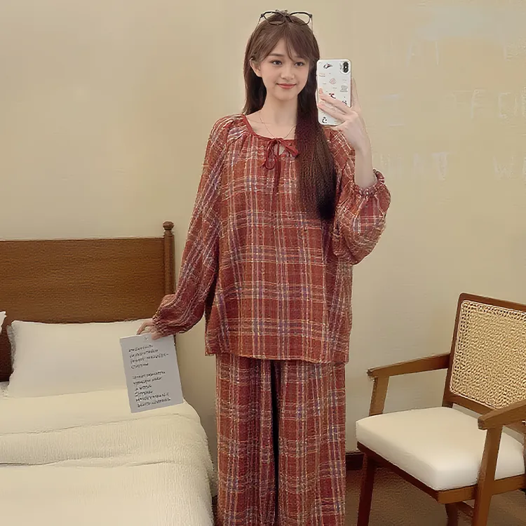 带胸垫圆领睡衣女秋季2025新款格兰红宽松可外穿家居服套装