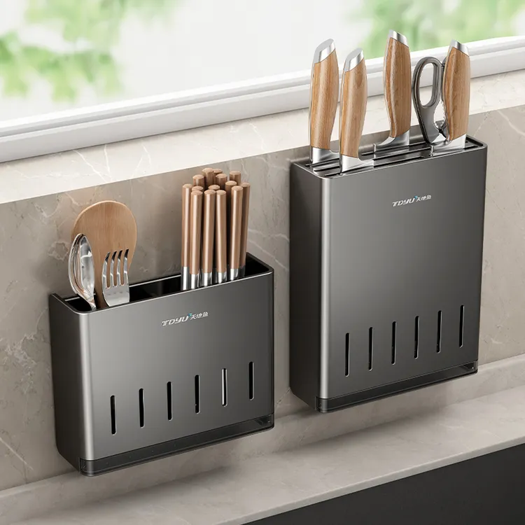 天地鱼刀具置物架免打孔家用壁挂式多功能沥水刀架筷筒刀具收纳架