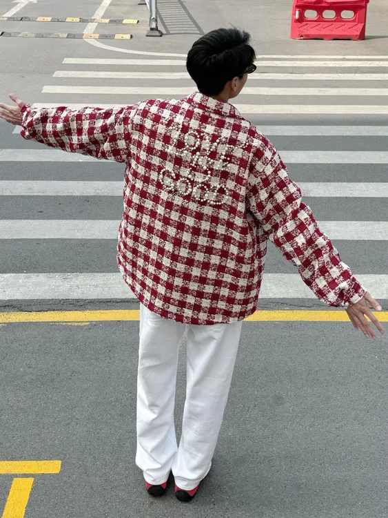 GOODBRAND珍珠标语小香风格纹衬衫轻奢高级感长袖开衫男女同款潮