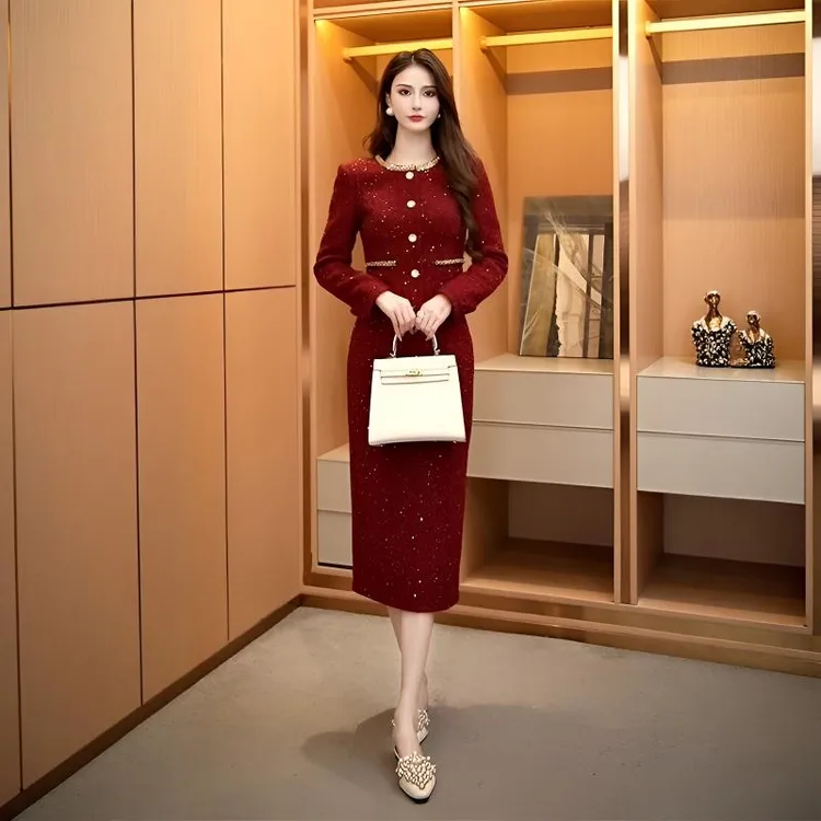 小香风外套订婚礼服裙结婚敬酒服两件套套装红色连衣裙秋冬季长袖