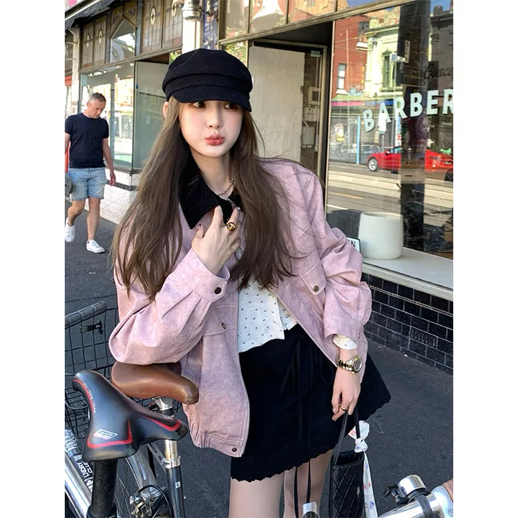 韩版巴恩风撞色拼接翻领外套女秋季新款宽松显瘦通勤百搭夹克上衣