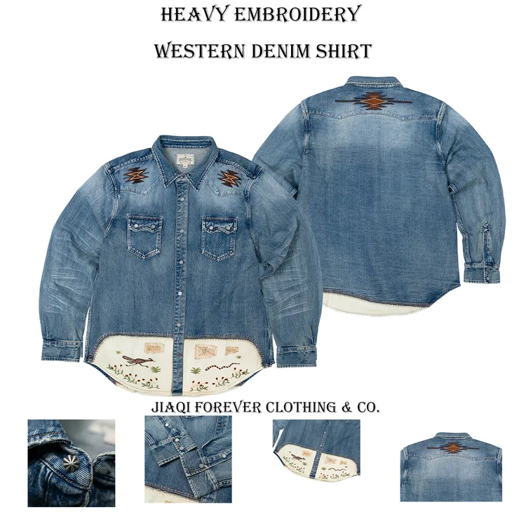 非RRL 走鹃鸟刺绣复古修身秋冬男士纯棉加厚西部水洗长袖牛仔衬衫
