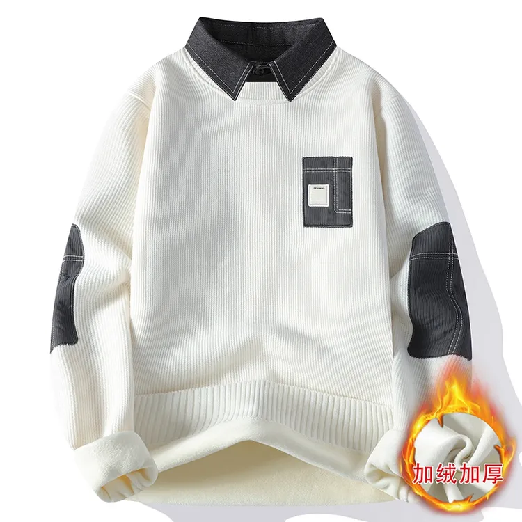 冬季男士假两件贴布衬衫领针织衫毛衣韩版卫衣宽松保暖打底衫上衣