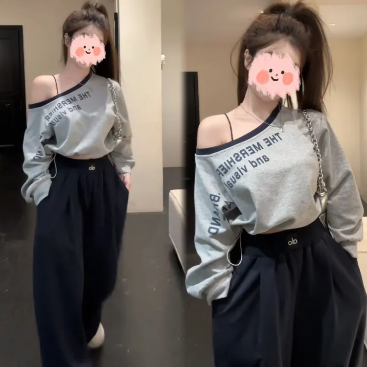 时尚休闲一整套字母印花常规秋季显瘦辣妹卫衣+阔腿拖地裤套装女