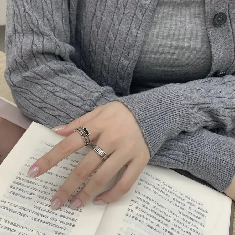 复古韩版潮时尚链条滴釉双层戒指百搭复古履带戒指个性开口可调