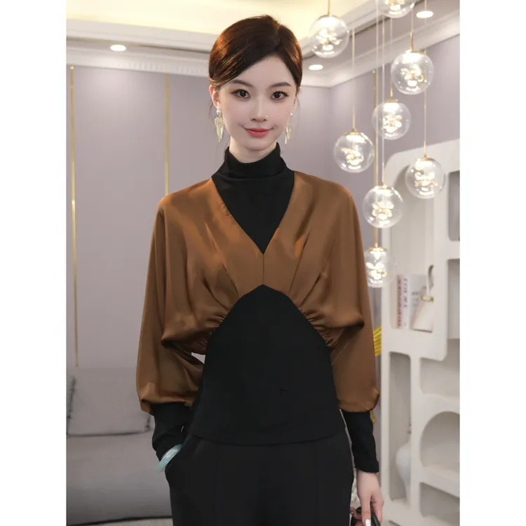 唐熹2025秋冬新款【DD-832】气质轻奢拼接黑咖色显瘦衬衫针织上衣女