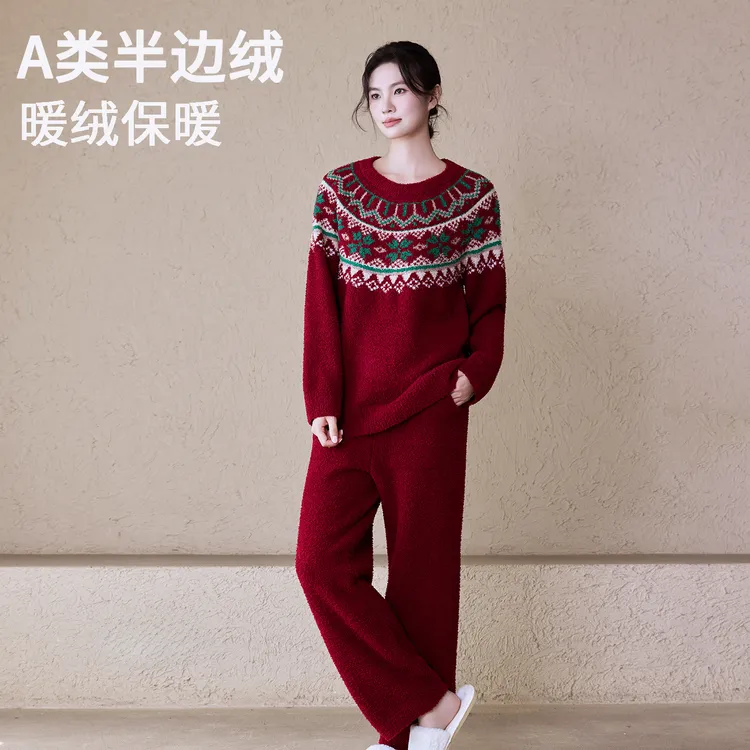 新款红色睡衣女秋冬季半边绒加厚保暖本命年冬天可外穿家居服套装