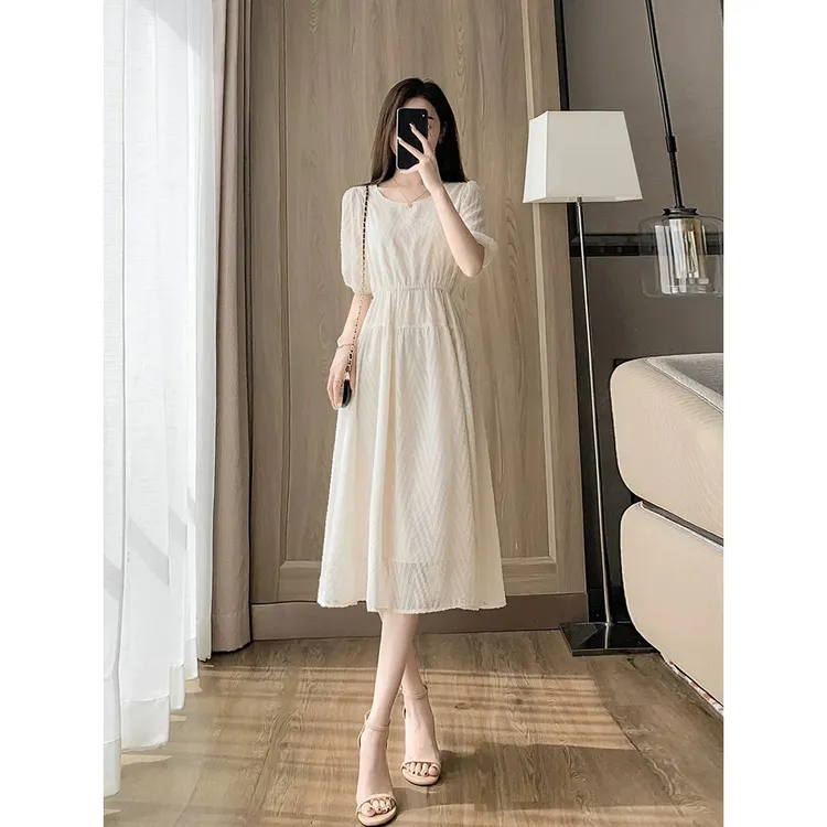 浅杏色仙女法式白色雪纺连衣裙长裙女夏季2025气质收腰a字裙子