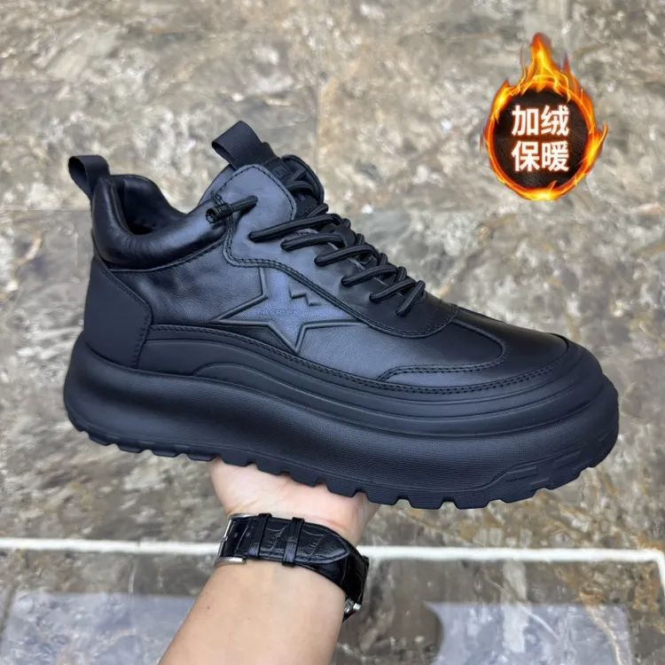 广州真皮男鞋2025冬季新款头层牛皮百搭厚底休闲鞋保暖舒适一脚蹬
