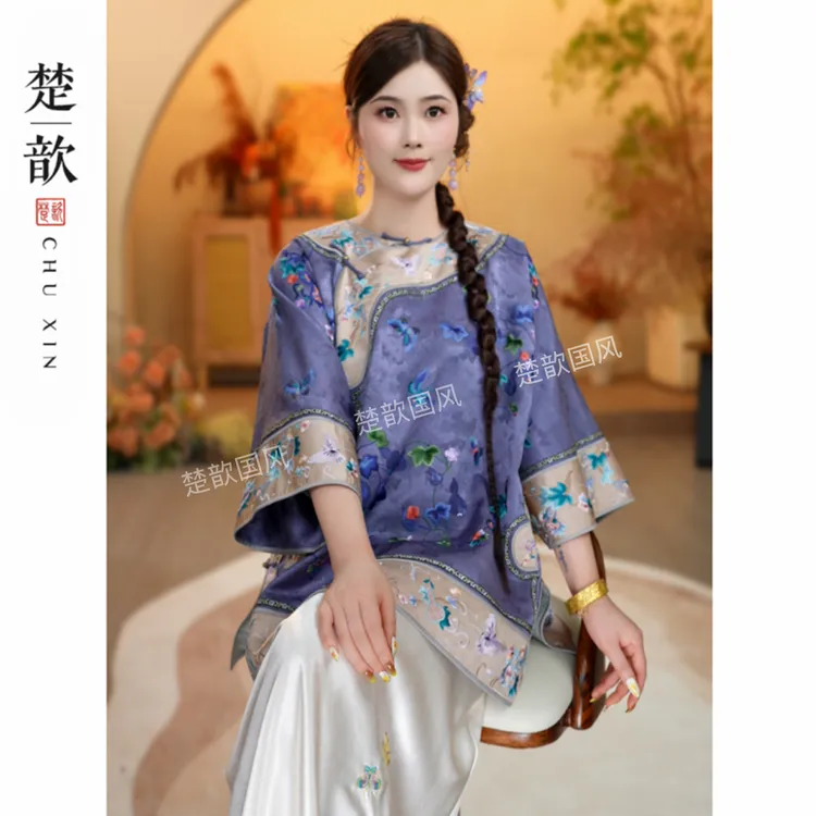 【九紫传承】2025秋季新款新中式宽松外套国风圆领满绣花太太服上衣