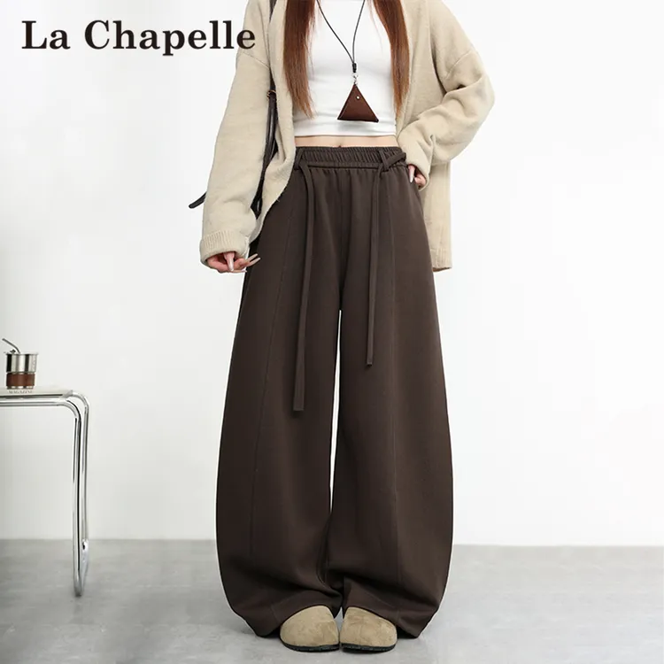 拉夏贝尔松紧高腰阔腿裤女春秋爆款新款高腰显瘦慵懒弯刀休闲裤子