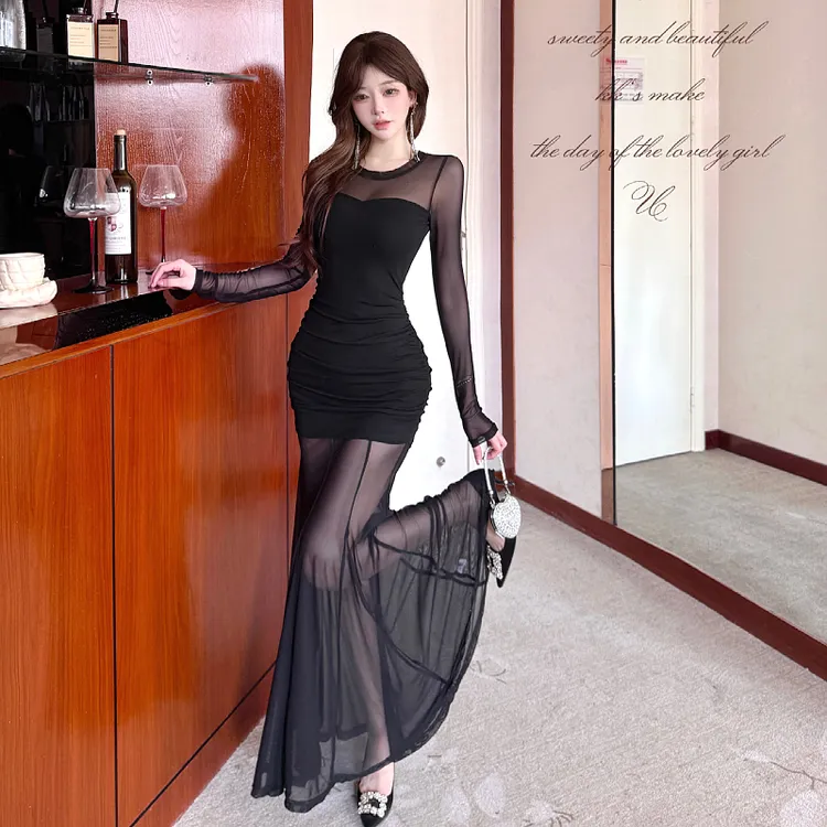 法式女神范御姐风情万种黑色连衣裙纯欲春秋款性感网纱拼接包臀裙