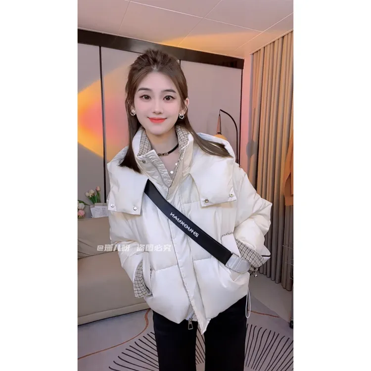 米白色连帽立领女2025冬季新款百搭拼接格纹宽松保暖外套