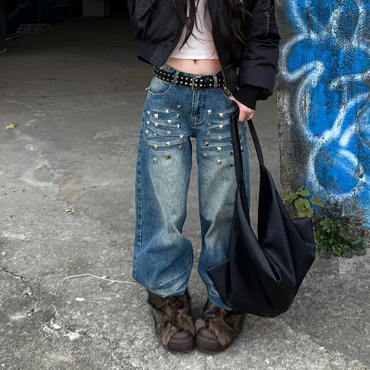 8FF大不相同/25秋冬新款美式水洗百搭直筒铆钉牛仔裤休闲长裤