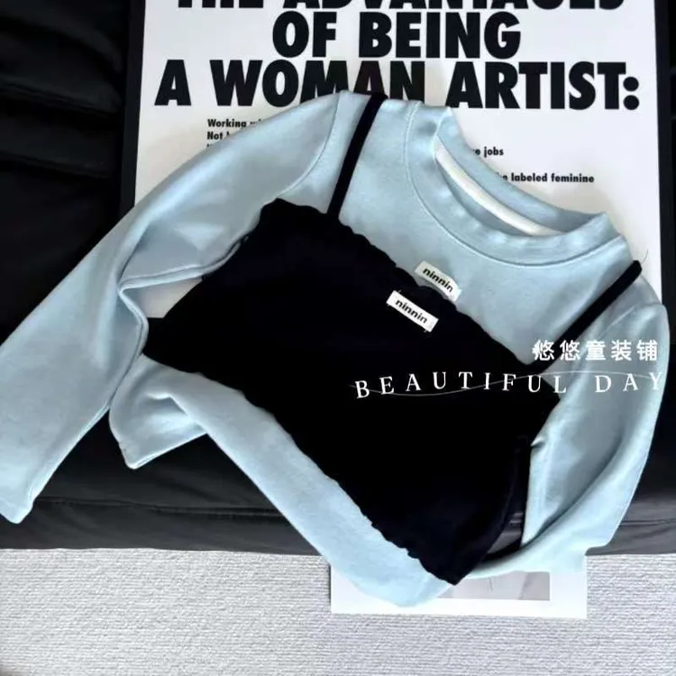 女童秋季新款卫衣假两件上衣洋气女宝宝圆领长袖T恤