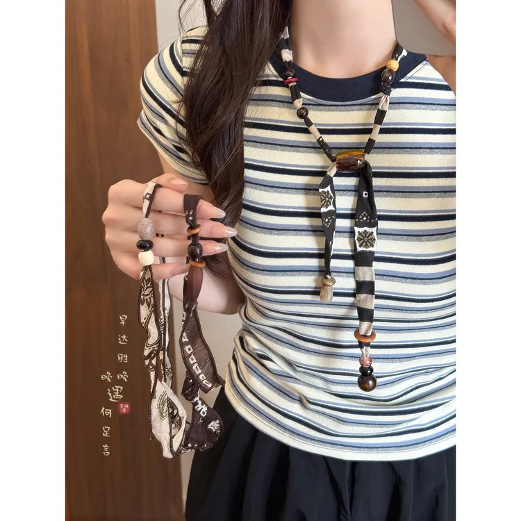 非金属布艺项链 趣味拼接布艺串珠可调节项链女款小众设计锁骨链