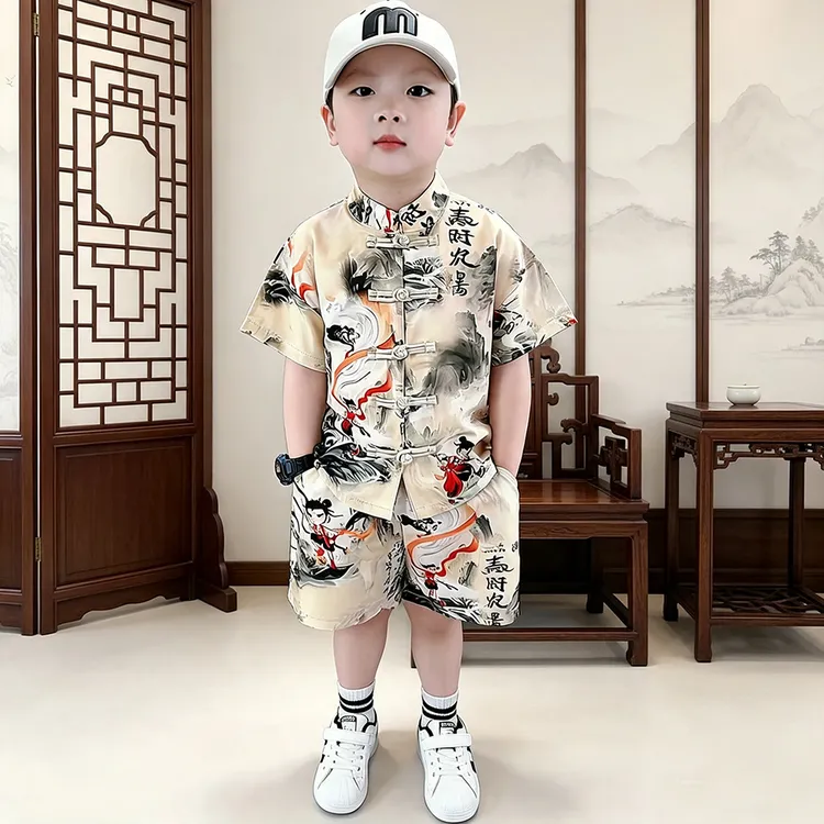 2026新款男宝哪吒衣服夏季汉服儿童礼服新中式国风唐中式短袖套装
