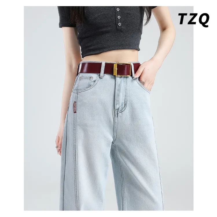浅蓝色2025春季新款水洗高腰牛仔裤女显瘦百搭直筒裤子TZQ2522534
