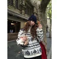 【HRG】冬季韩系费尔岛提花宽松立领休闲HD毛毛外套253A4174