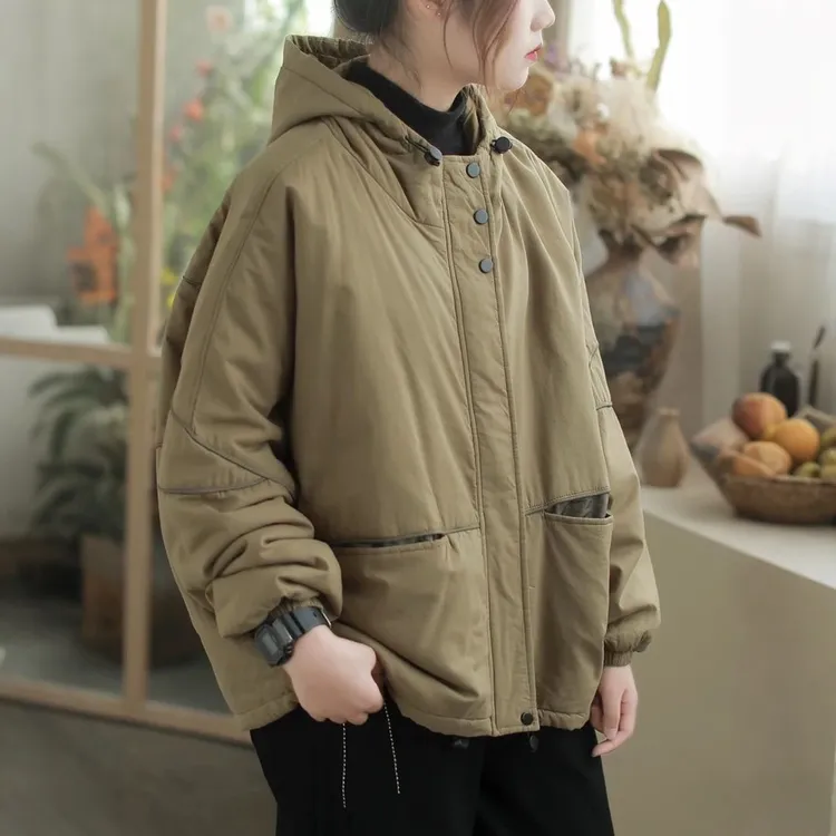 2025年新款棉衣秋冬纯色宽松复古休闲原创帽子通勤百搭女装棉服女