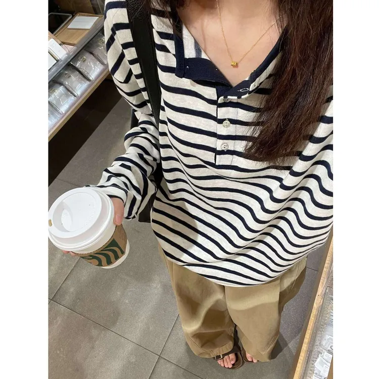 chao推荐！韩版松弛藏青条纹T恤女宽松慵懒风长袖百搭时尚上衣潮