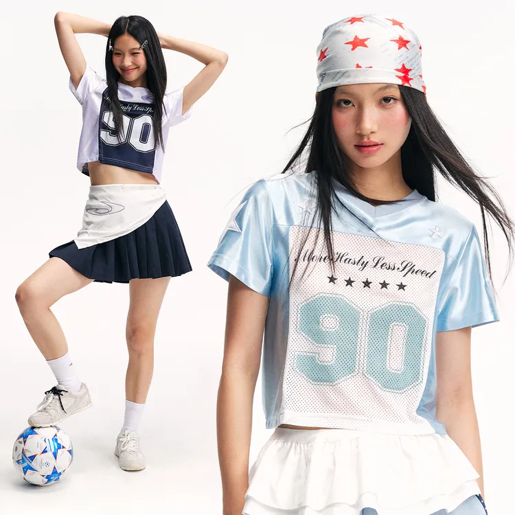 江南先生NewJNXS吸湿透气200g弹力色丁针织短袖网眼球服短款T恤女