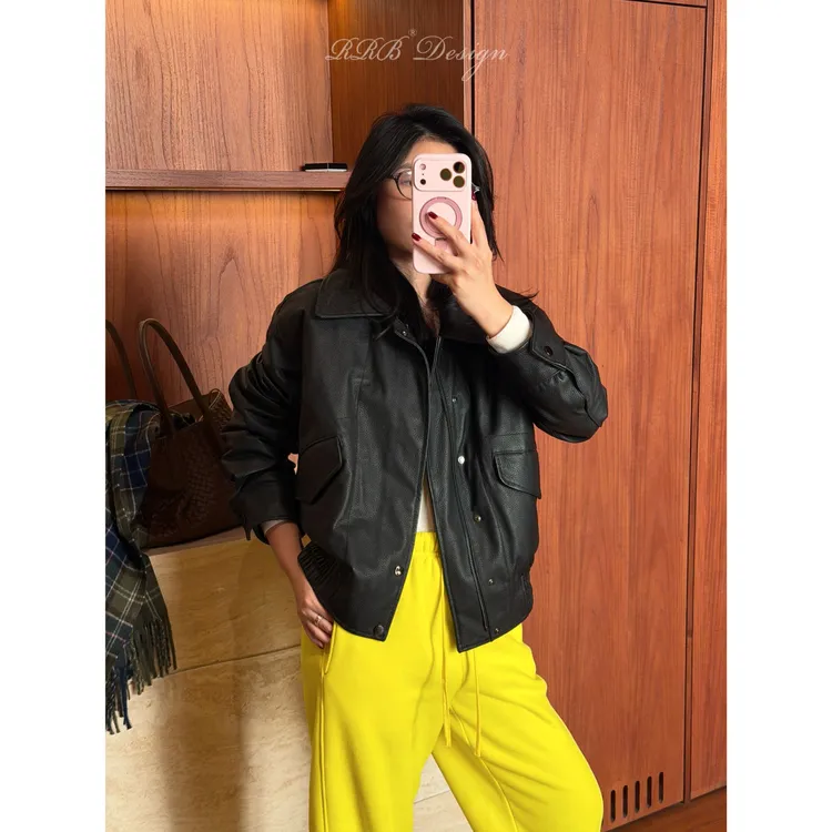 RRB Design 100%头层荔枝纹羊皮POLO领显瘦酷飒机车皮衣鸭绒外套