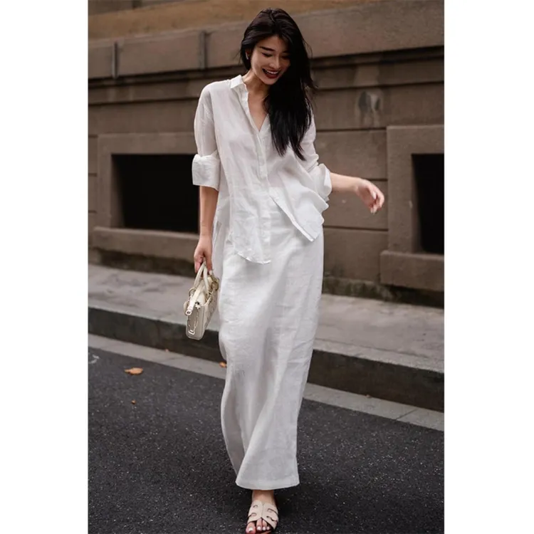 法式高端亚麻衬衫套装女秋季慵懒风百搭简约白色衬衣半身裙两件套