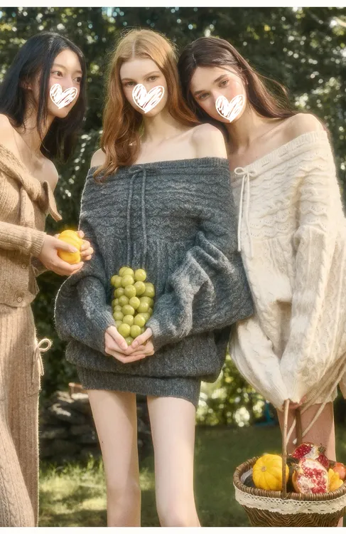 银河万岁 一字领毛衣半裙套装#1010