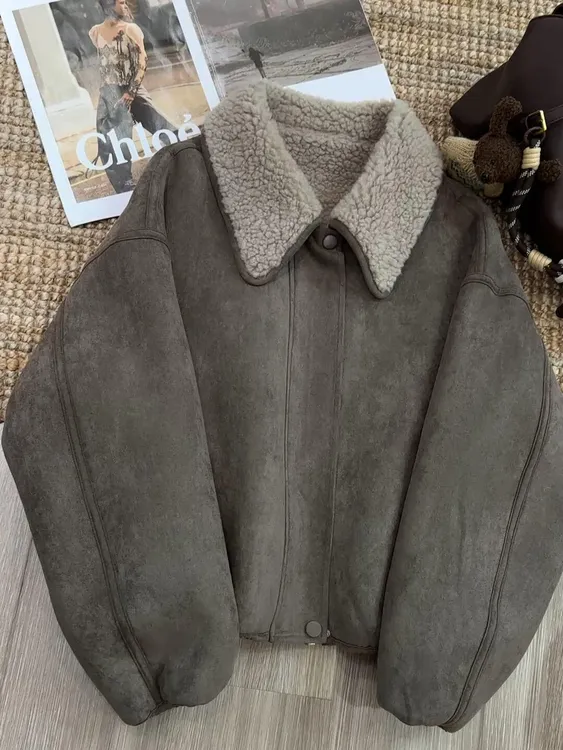 美式复古高街翻领夹克外套女装2025秋冬季街头百搭保暖羊羔毛棉服